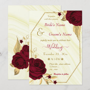 burgundy flowers gold geometric marble wedding  invitation