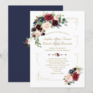 Burgundy Flowers Gold Glitter Frame Navy Wedding Invitation