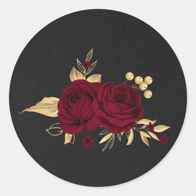 burgundy flowers gold leaves black classic round sticker (Front)