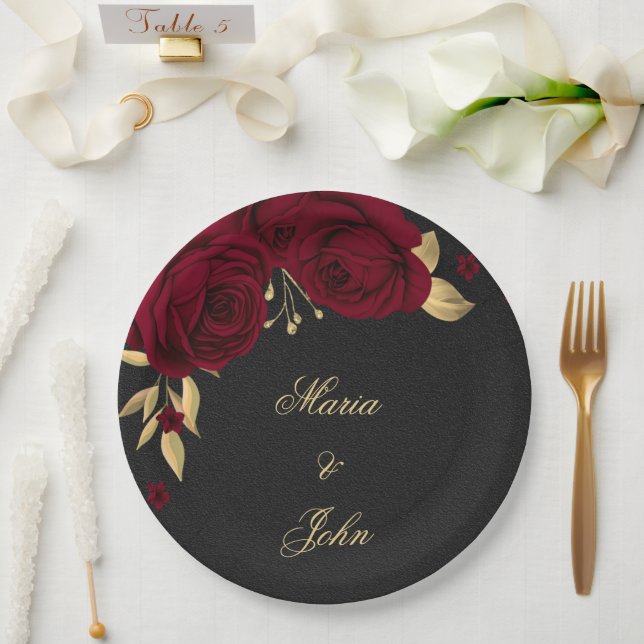 burgundy flowers gold leaves black paper plate (Wedding)