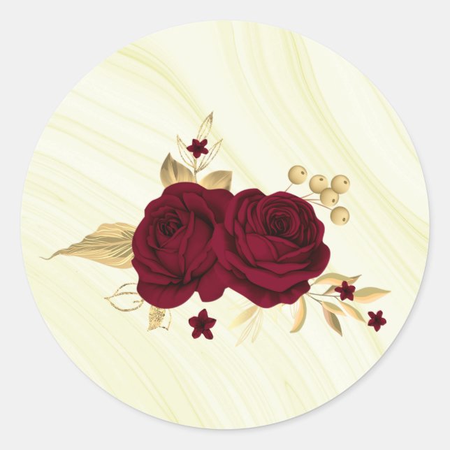 burgundy flowers gold leaves marble classic round sticker (Front)