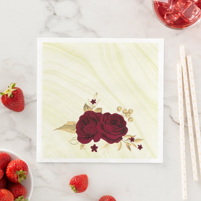 burgundy flowers gold leaves marble napkin (Insitu)