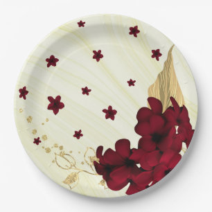 burgundy flowers gold leaves marble  paper plate