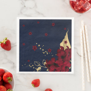 burgundy flowers gold leaves navy blue napkin