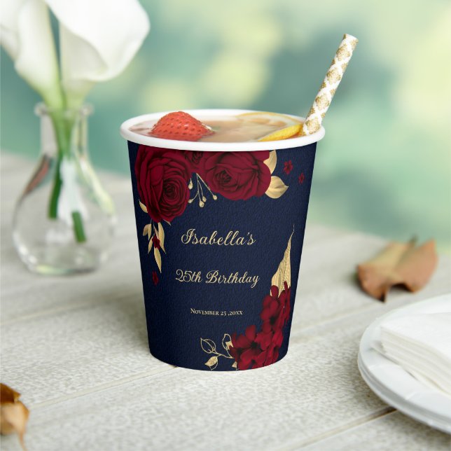 burgundy flowers gold leaves navy blue paper cups (Insitu)