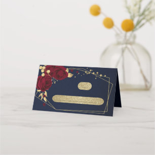 burgundy flowers gold leaves navy blue place card