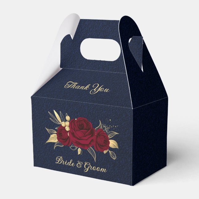 burgundy flowers gold leaves navy blue wedding favor box (Front Side)
