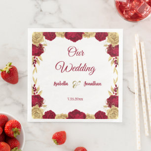 burgundy flowers & gold leaves white napkin