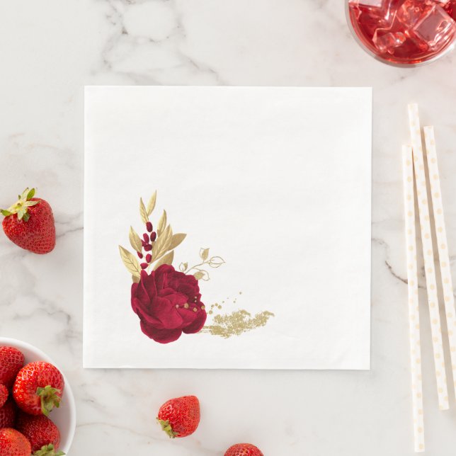 burgundy flowers & gold leaves white napkin (Insitu)