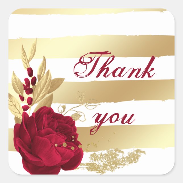 burgundy flowers & gold leaves white thank you square sticker (Front)