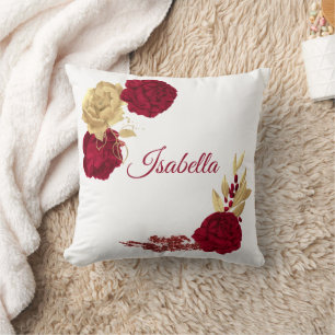 burgundy flowers & gold leaves white throw pillow