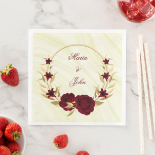 burgundy flowers gold leaves wreath marble napkin