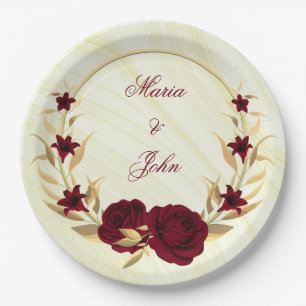burgundy flowers gold leaves wreath marble paper plate