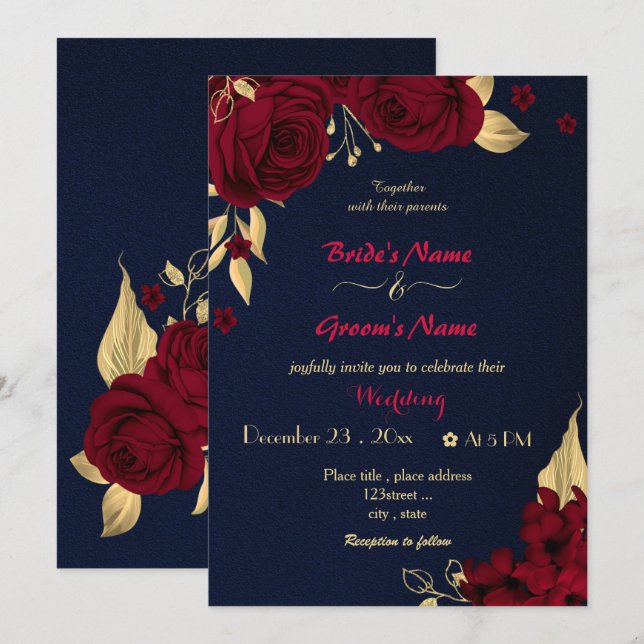 burgundy flowers gold navy wedding invitation (Front/Back)