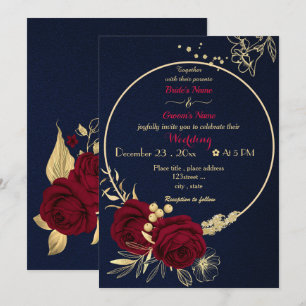 burgundy flowers gold wreath navy wedding invitation