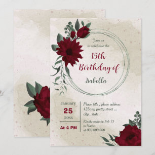 Burgundy flowers greenery geometric birthday  invitation