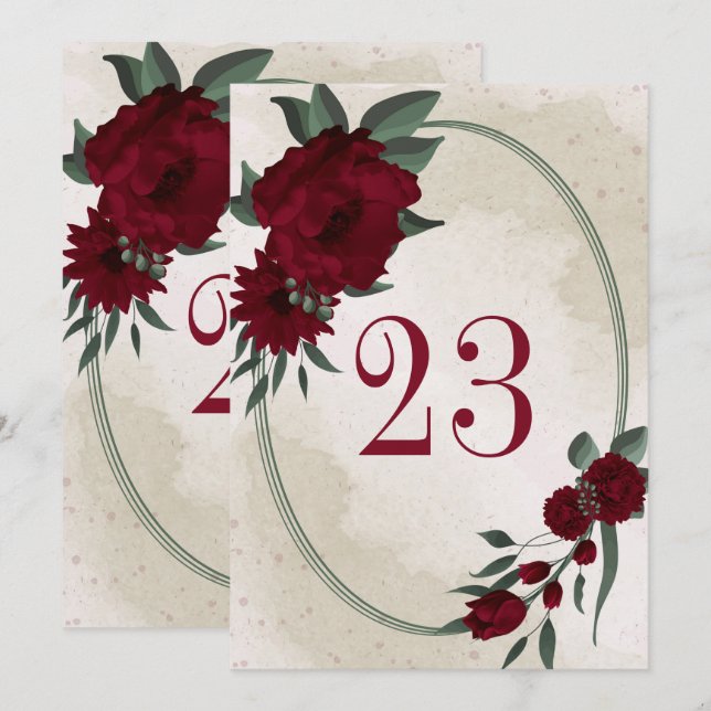 Burgundy flowers greenery geometric table number (Front/Back)