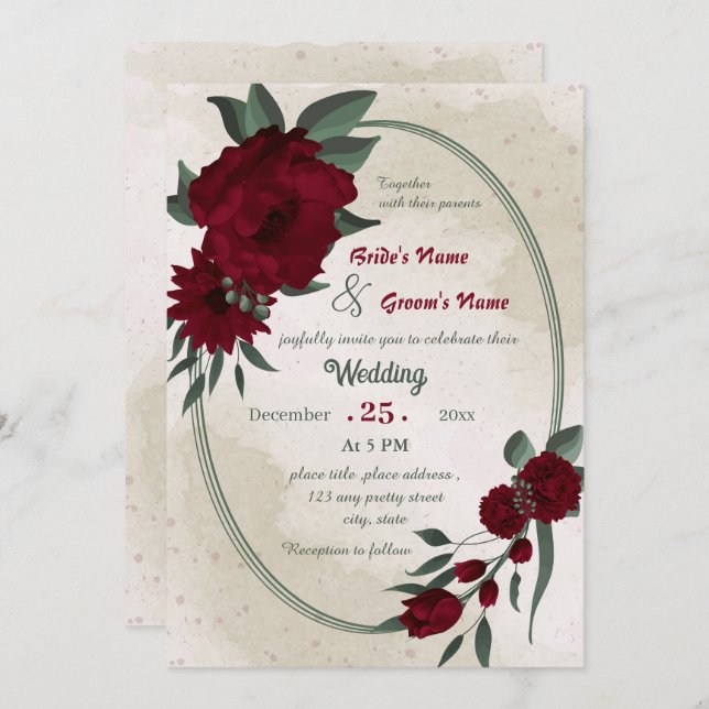 Burgundy flowers greenery geometric wedding invitation (Front/Back)
