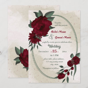 Burgundy flowers greenery geometric wedding invitation