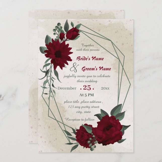 Burgundy flowers greenery geometric wedding invitation (Front/Back)
