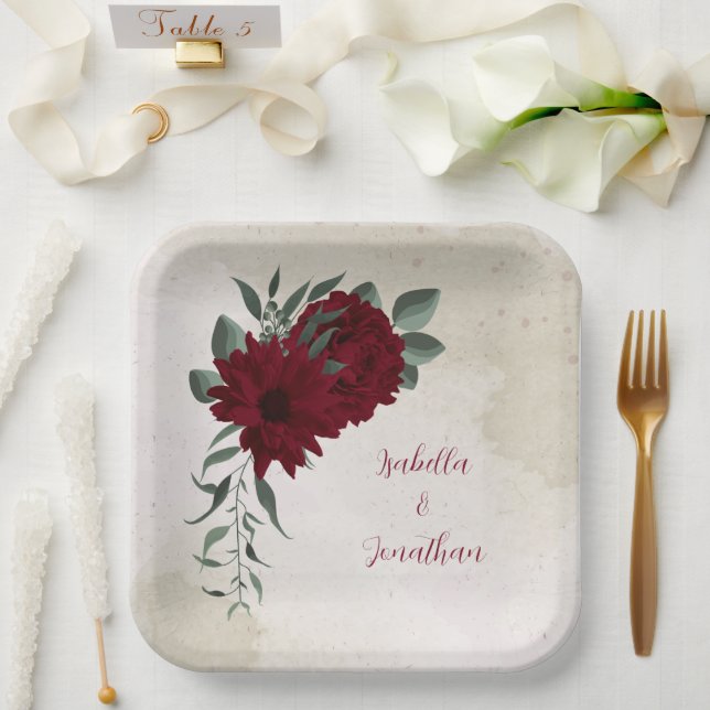 Burgundy flowers greenery paper plate (Wedding)