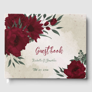 Burgundy flowers greenery wedding guest book