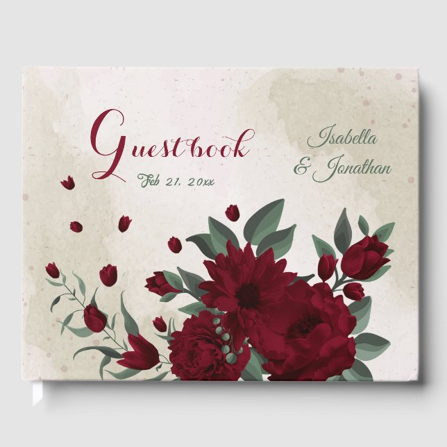 Burgundy flowers greenery wedding guest book (Front)