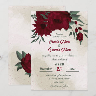 Burgundy flowers greenery wedding invitation