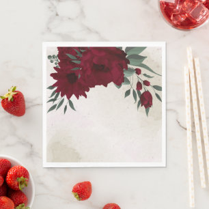 Burgundy flowers greenery wedding napkin