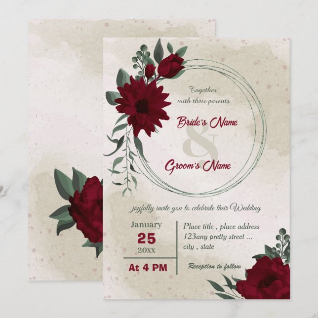 Burgundy flowers greenery wreath wedding invitation (Front/Back)