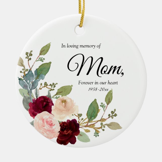 Burgundy Flowers In Loving Memory of Mom Ornament (Front)