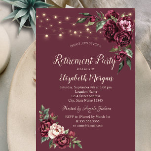 Burgundy Flowers Lights Burgundy Retirement  Invitation