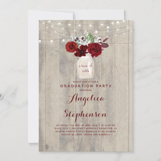 Burgundy Flowers Mason Jar Rustic Graduation Party Invitation (Front)