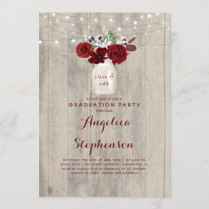 Burgundy Flowers Mason Jar Rustic Graduation Party Invitation