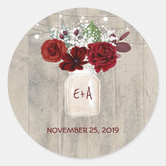 Burgundy Flowers Mason Jar Rustic Wedding Classic Round Sticker (Front)