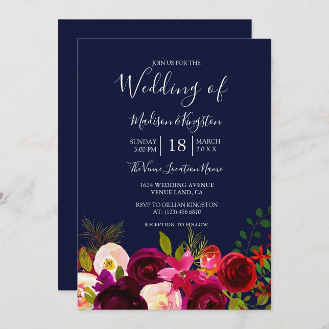 Burgundy Flowers Navy Blue Wedding Invite (Front/Back)