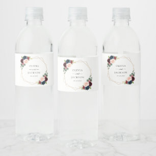Burgundy Flowers, Navy Flowers, Floral Wedding Water Bottle Label