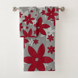 Burgundy flowers on light grey and vines bath towel set