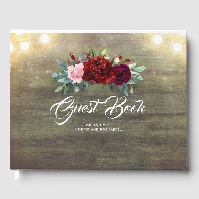 Burgundy Flowers - Peony Rustic Wedding Guest Book (Front)
