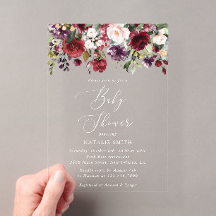 Burgundy Flowers, Pink Flowers, Boho, Baby Shower Acrylic Invitations