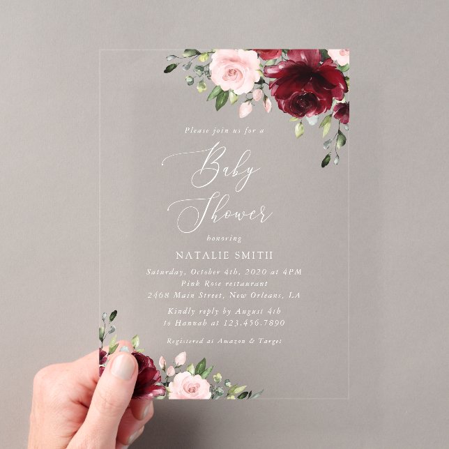 Burgundy Flowers, Pink Flowers, Boho, Baby Shower Acrylic Invitations (Insitu (Handheld))