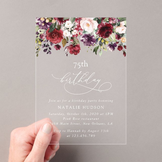 Burgundy Flowers, Pink Flowers, Boho, Birthday Acrylic Invitations (Insitu (Handheld))