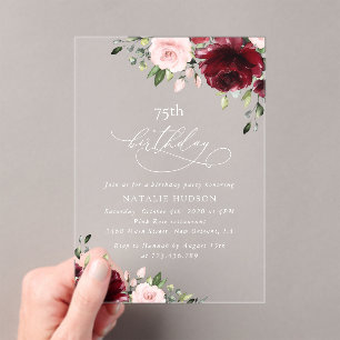 Burgundy Flowers, Pink Flowers, Boho, Birthday Acrylic Invitations