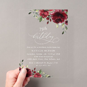 Burgundy Flowers, Pink Flowers, Boho, Birthday Acrylic Invitations