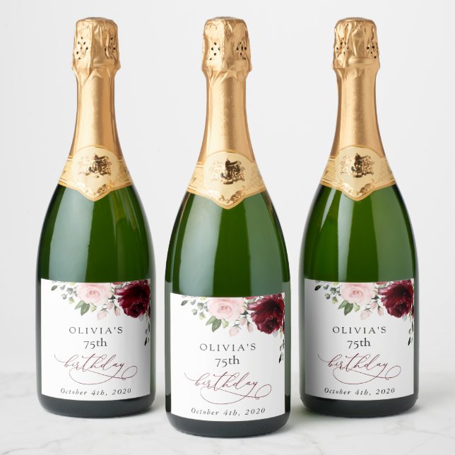 Burgundy Flowers, Pink Flowers, Boho, Birthday Sparkling Wine Label (Bottles)