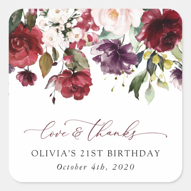 Burgundy Flowers, Pink Flowers, Boho, Birthday Square Sticker (Front)