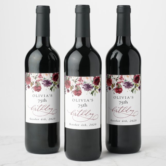 Burgundy Flowers, Pink Flowers, Boho, Birthday Wine Label (Bottles)