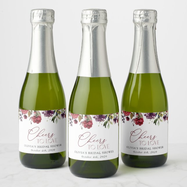 Burgundy Flowers, Pink Flowers, Boho Bridal Shower Sparkling Wine Label (Bottles)