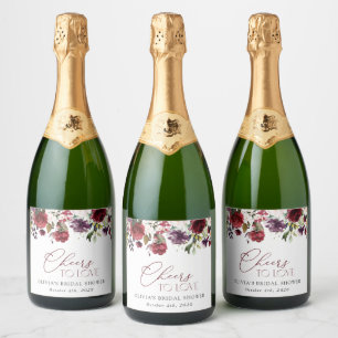 Burgundy Flowers, Pink Flowers, Boho Bridal Shower Sparkling Wine Label