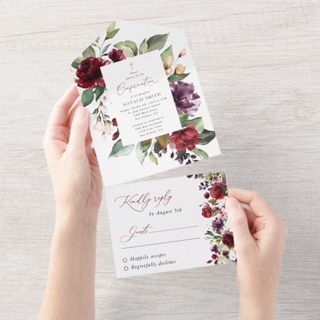 Burgundy Flowers, Pink Flowers, Boho, Confirmation All In One Invitation (Tearaway)